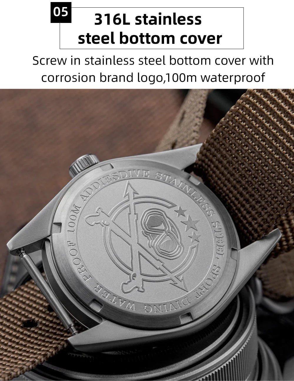 Waterproof Diver Quartz Watch Luminous Hands, Nylon Strap, 100m Water Resistance