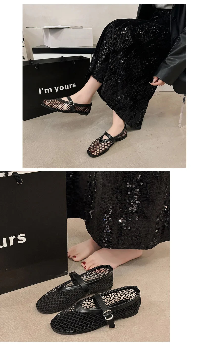 Breathable Women Mesh Ballet Flats - Strappy Round Toe