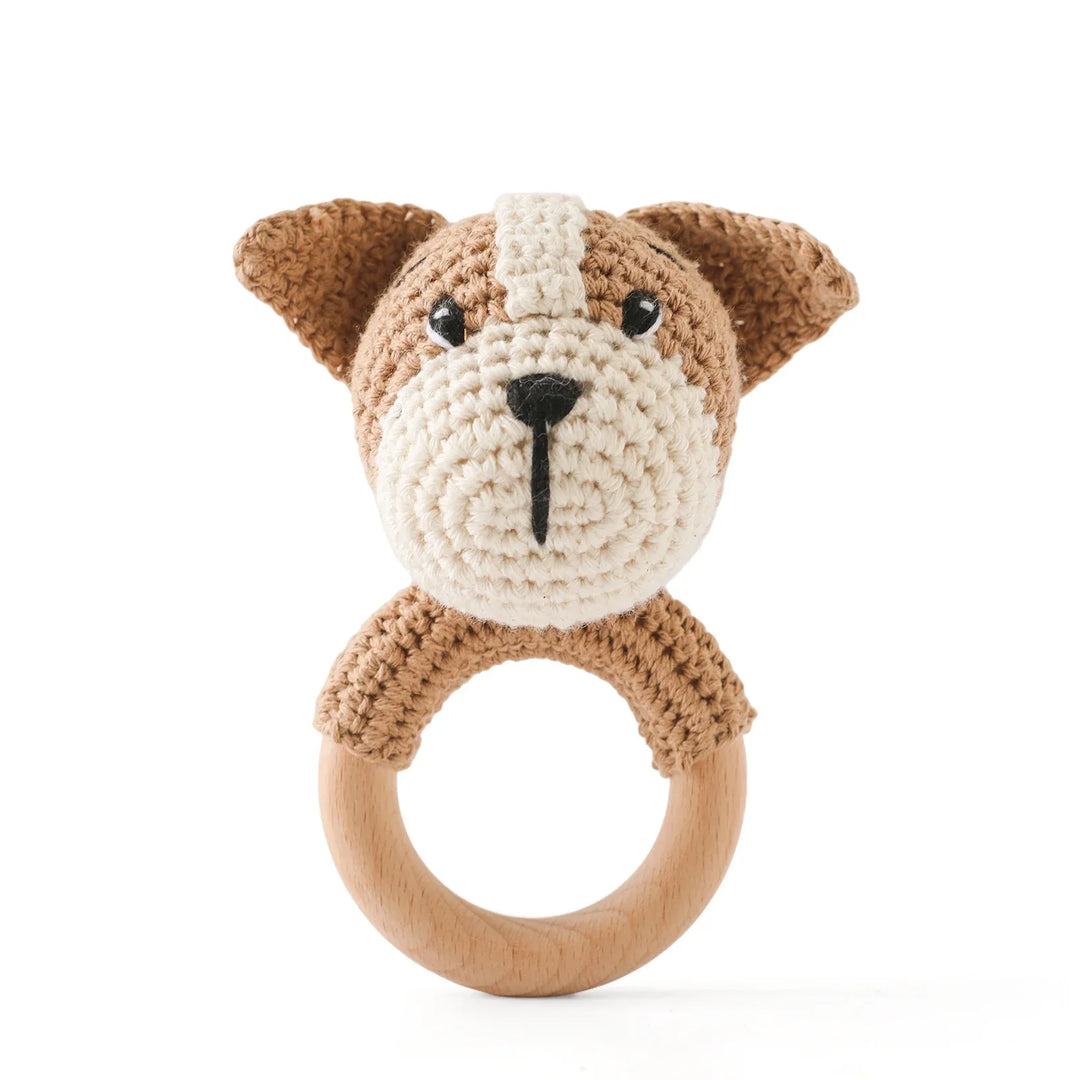 Wooden Crochet Animal Teether Rattle Newborn Sensory Toys