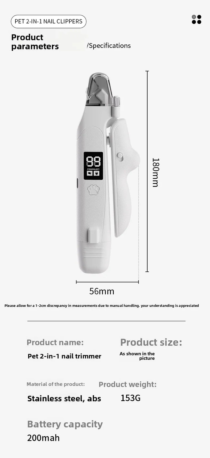 2-in-1 Pet Nail Clipper &amp; Grinder with LED Blood Line Light – USB-C Rechargeable Dog Cat Trimmer 2026