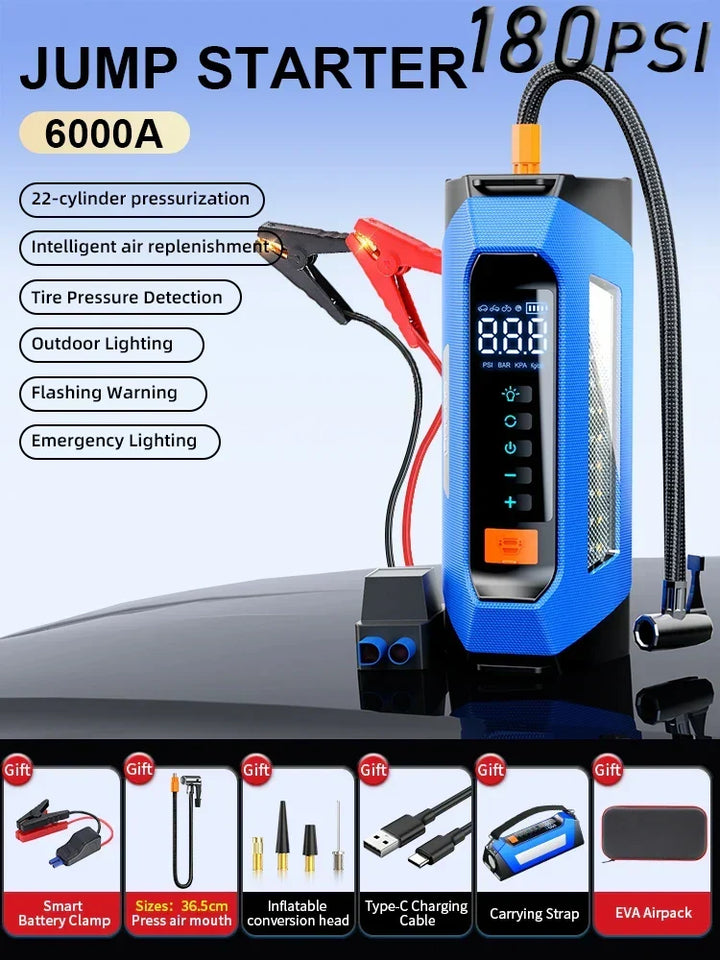 Car Jump Starter Portable Power Bank 12V With Air Compressor 6000A Peak Emergency Start 180 PSI Fall 2025