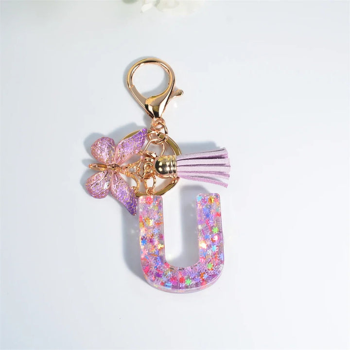 Sequin Letter Keychain With Butterfly Tassel Charm