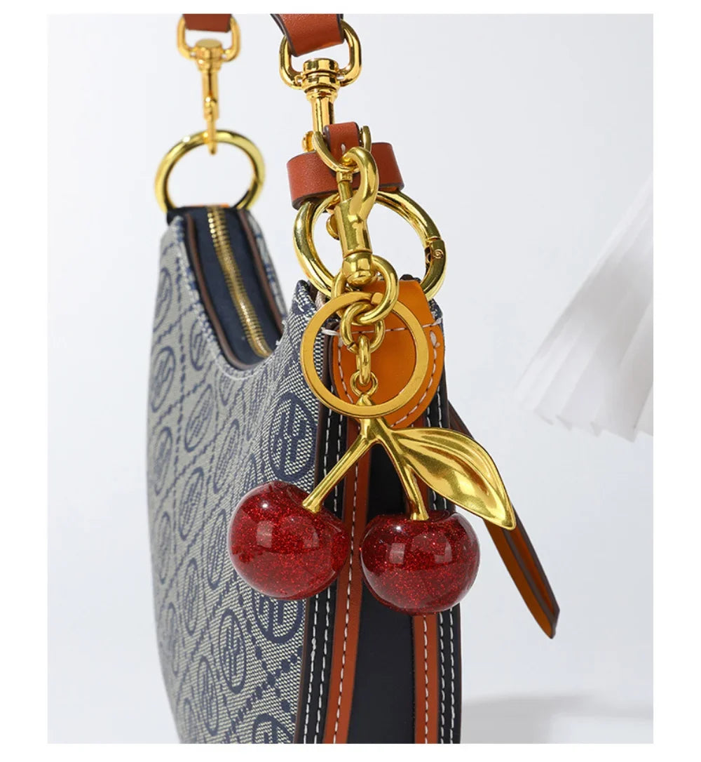 Red Cherry Keychain Bag Charm With Gold Leaf Lobster Clasp