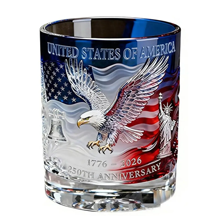 Patriotic Whiskey Glass Hand Blown Eagle Glassware USA 250th Anniversary Rotating Cup Gift Idea