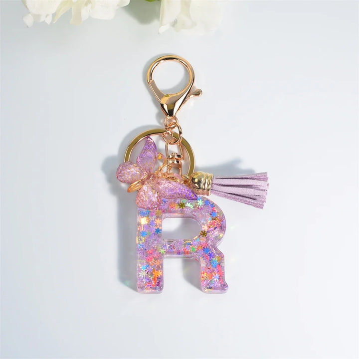 Sequin Letter Keychain With Butterfly Tassel Charm