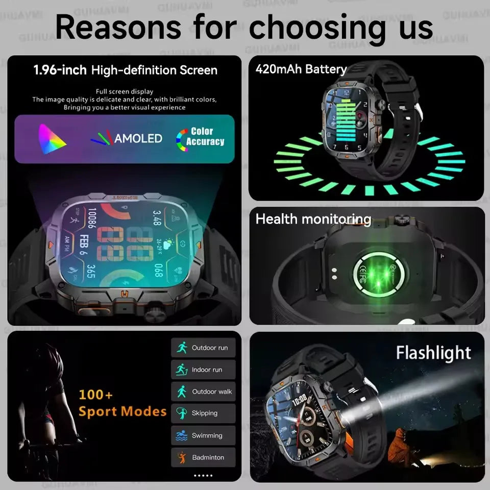 Smartwatch Rugged Military Grade – 1.96 Inch AMOLED Display, 5ATM Waterproof, Bluetooth Call Fitness Tracker, Fall 2025