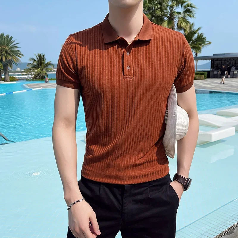Breathable Silk Mesh Mens Polo Shirt, Short Sleeve with Ribbed Collar, Lightweight and Stylish for Summer