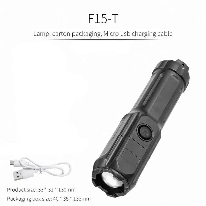 Telescopic Zoom Tactical Flashlight - Rechargeable LED Torch, 4 Lighting Modes, Waterproof for Camping and Fishing
