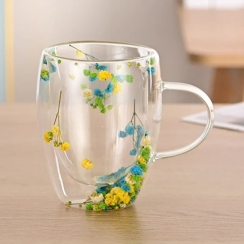 Double Wall Glass Cup with Handle Dried Flower Decorated Ins Style Mug 300ML