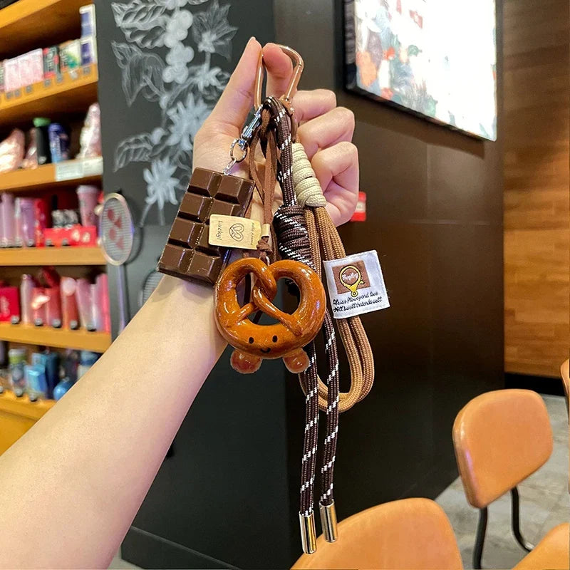 Woven Rope Bowknot Keychain With Cute Pastry Charms