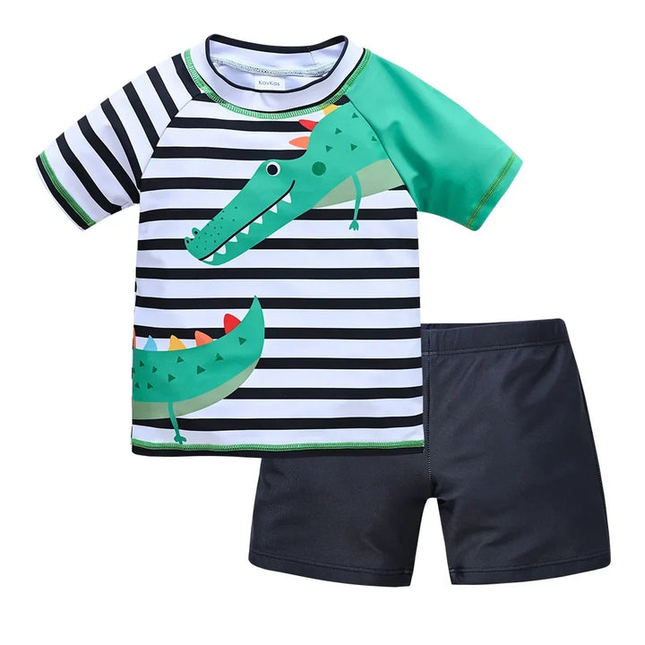 Quick-Dry Boys Swimwear - Two-Piece Cartoon Print Set, Polyester/Nylon/Spandex, Summer Beachwear