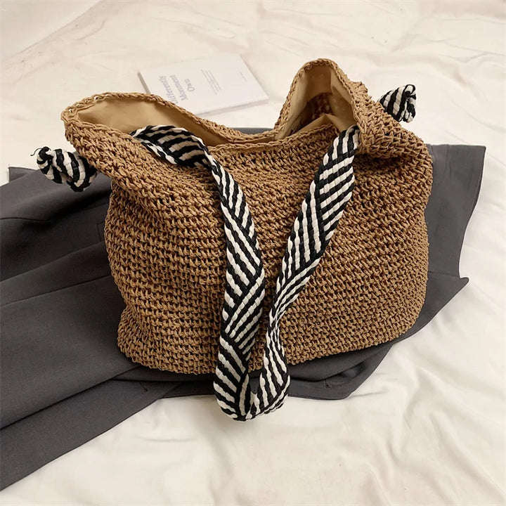 Straw Beach Bag - Large Capacity Woven Tote With Knot Shoulder Straps, Summer 2026