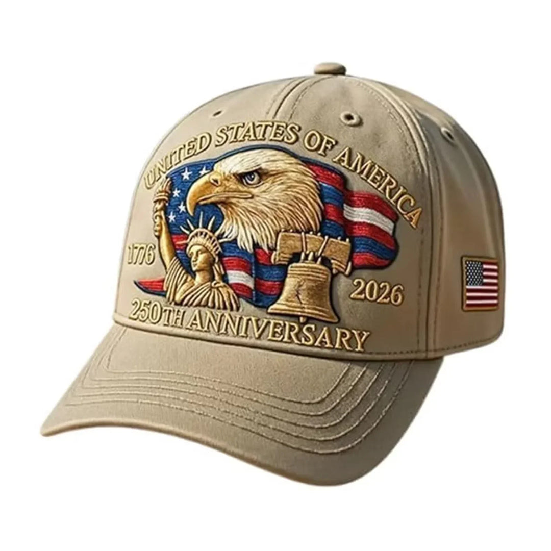 Breathable unisex baseball cap - Eagle-embroidered, flag-patch, six-panel curved-brim, cotton crown, 250th anniversary