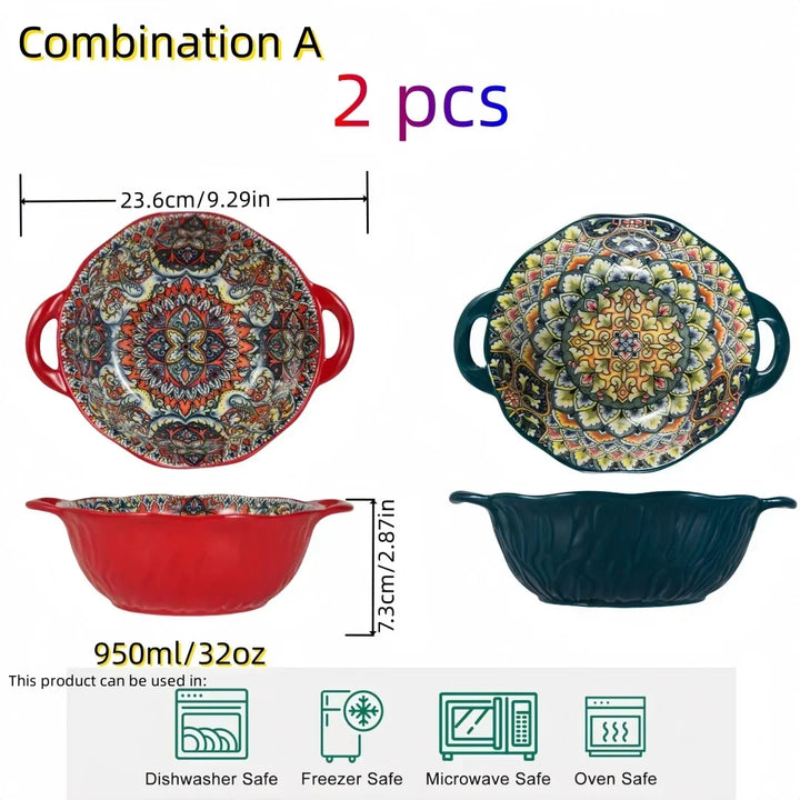 Ceramic Soup Bowl Bohemian Handle Embossed Microwave