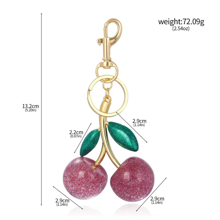 Red Cherry Keychain Bag Charm With Gold Leaf Lobster Clasp