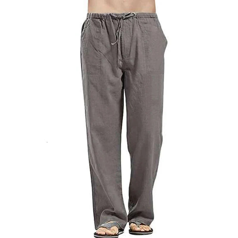 Solid Color Multi-Pocket Linen Men Pants - Casual Breathable Summer Trouser, Large Size