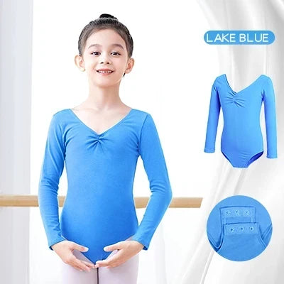 Soft Girls Ballet Leotard – Long Sleeve, Chest-Drawstring, Cotton, For Dance Class