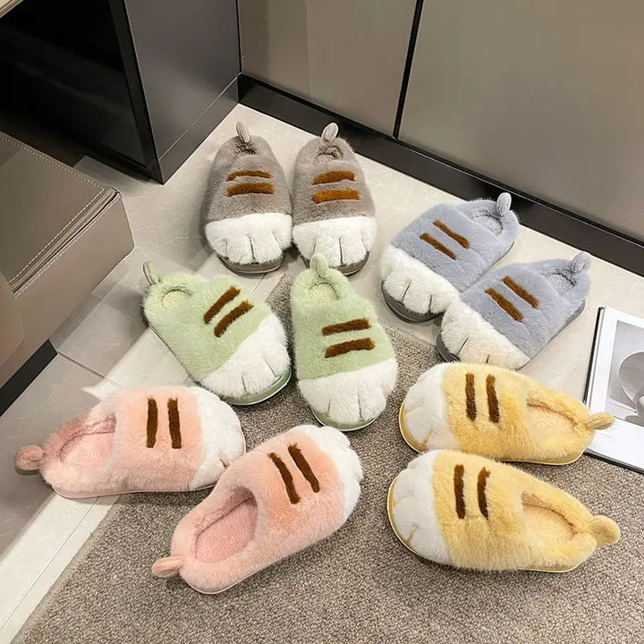 Warm cozy unisex slippers - cat-paw plush design, plush faux fur, indoor winter wear
