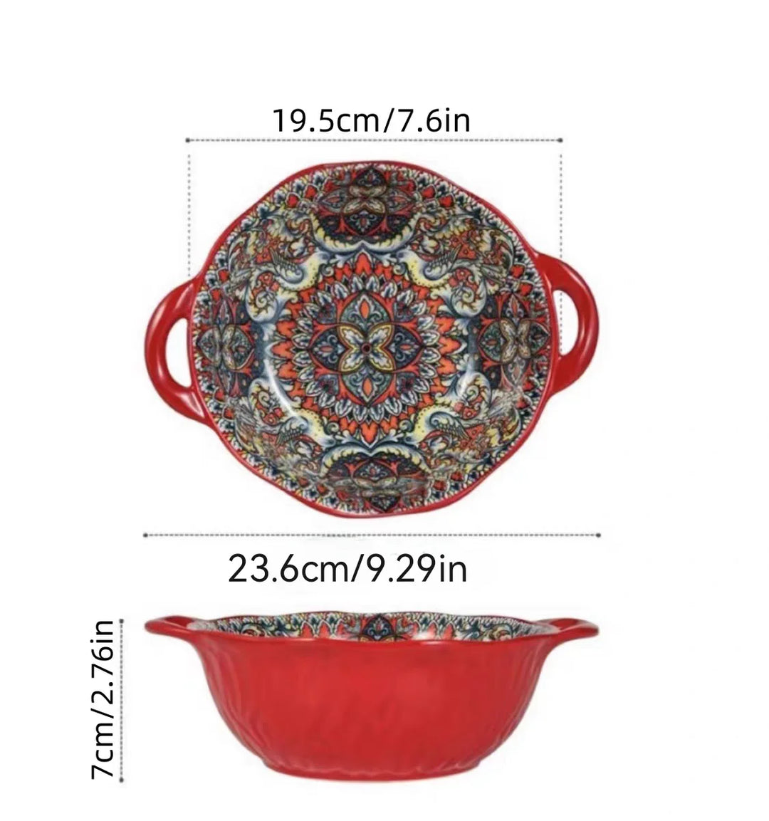 Ceramic Soup Bowl Bohemian Handle Embossed Microwave