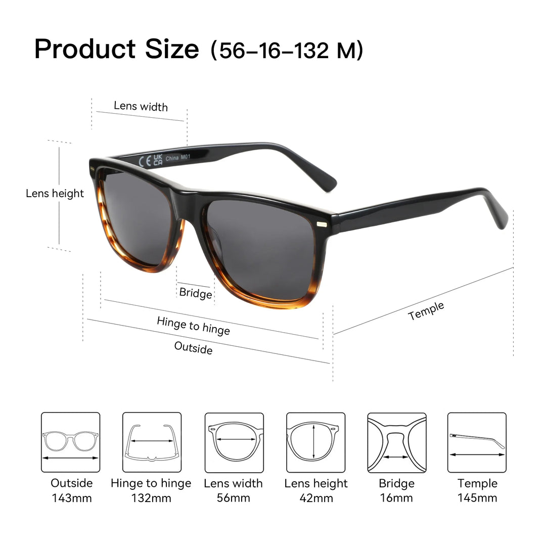Polarized Sunglasses Square Acetate Frames UV400 Protection Unisex Classic Design