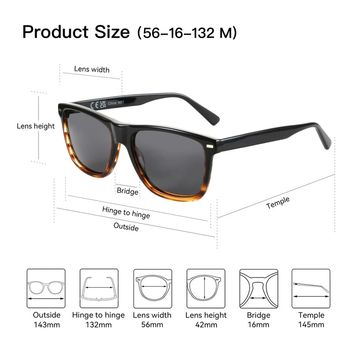 Polarized Sunglasses Square Acetate Frames UV400 Protection Unisex Classic Design