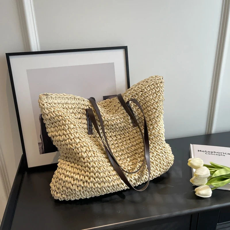 Straw Tote Bag Woven Beach Shoulder Bag Summer 2026 Large Capacity Carryall For Travel And Daily Use