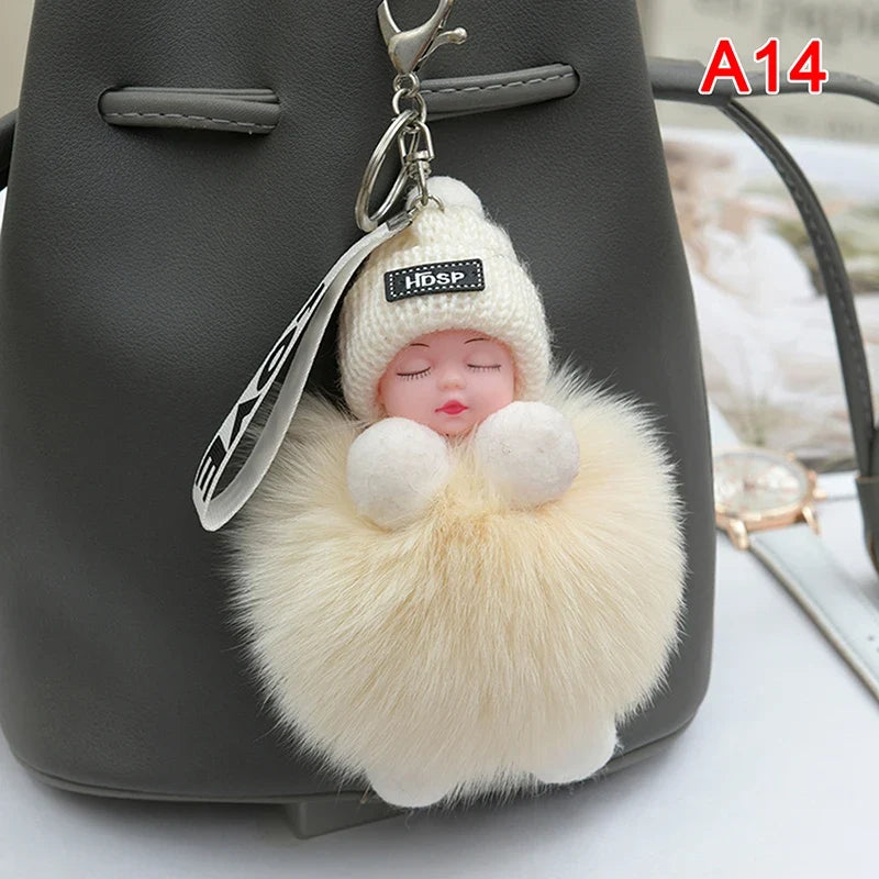 Pompom Sleeping Baby Keychain Plush Bag Charm Cute Gift
