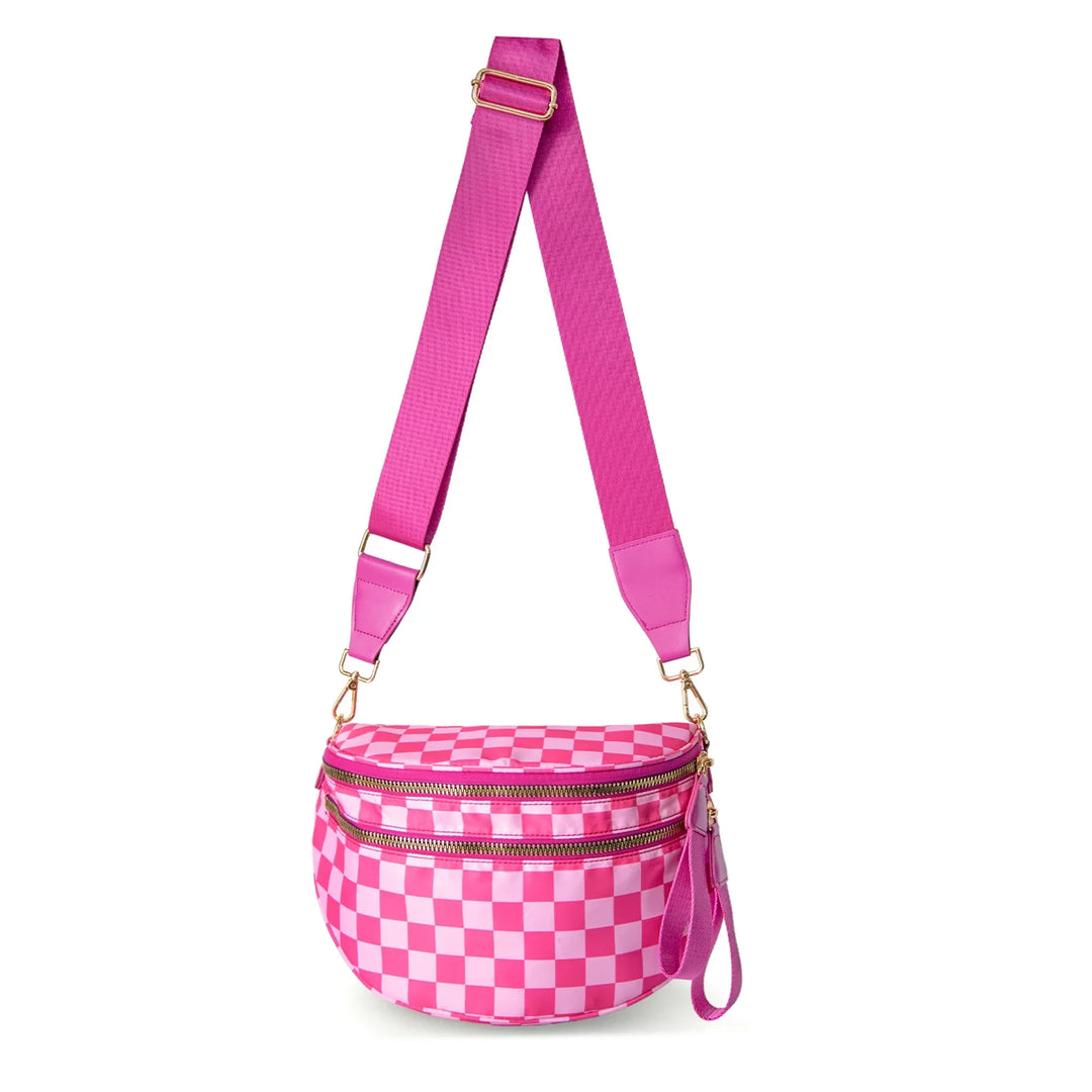Versatile unisex crossbody bum bag – checkered nylon, box shape, travel and daily use