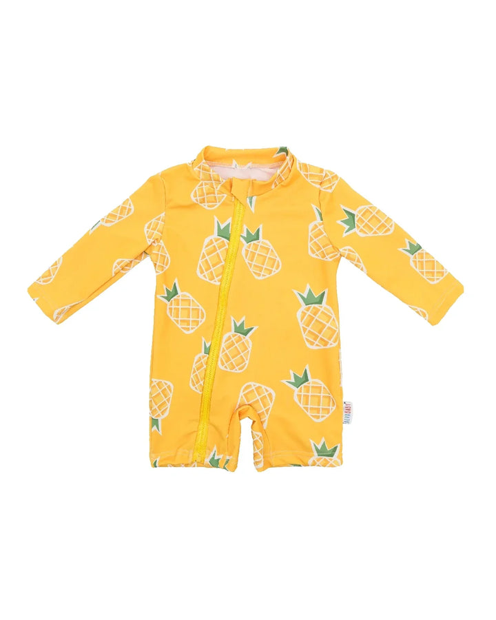Breathable unisex long-sleeve rash guard - one-piece swimsuit, UPF 50+, pineapple print, for babies and toddlers