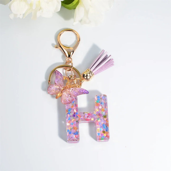 Sequin Letter Keychain With Butterfly Tassel Charm