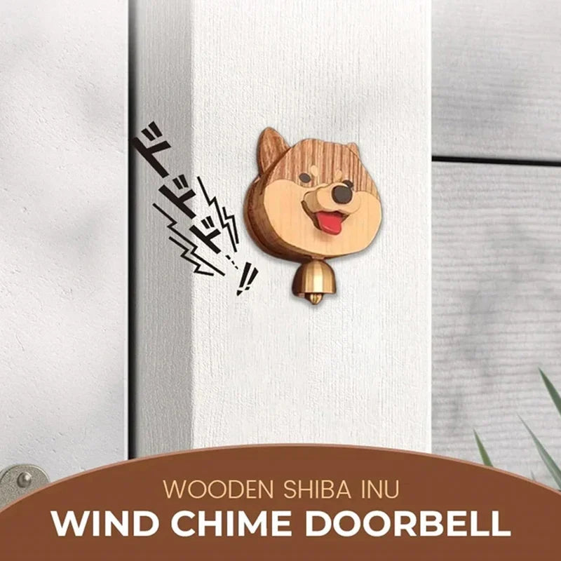 Wooden Shiba Inu Wind Chime Doorbell - Magnetic Shopkeepers Bell for Door Opening