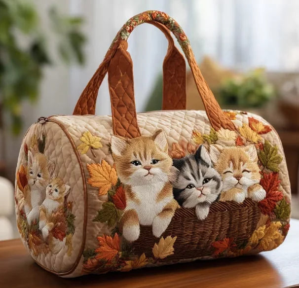 Soft Unisex Travel Tote - Quilted, Cat-Embroidered Fabric, For Beach, Hiking, Camping