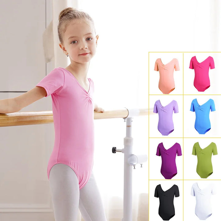 Soft girls ballet leotard - drawstring neckline, ruched front, cotton knit, for dance class