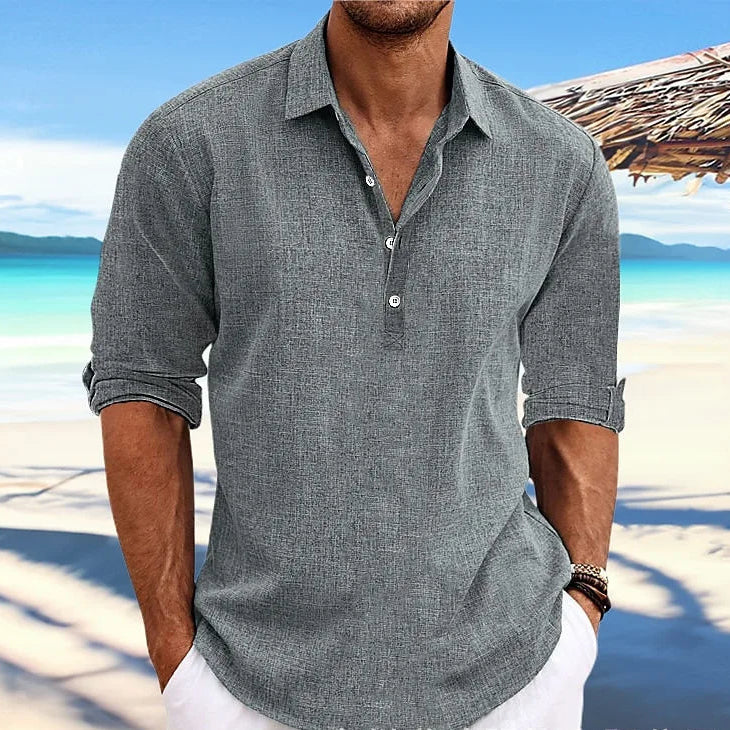 Cotton Linen Long Sleeve Casual Beach Shirt - Turn-Down Collar Social Blouse for Streetwear