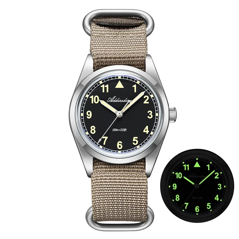 Waterproof Diver Quartz Watch Luminous Hands, Nylon Strap, 100m Water Resistance