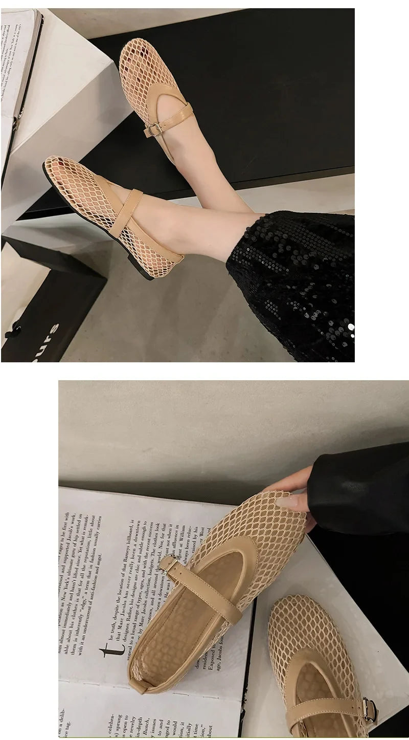 Breathable Women Mesh Ballet Flats - Strappy Round Toe