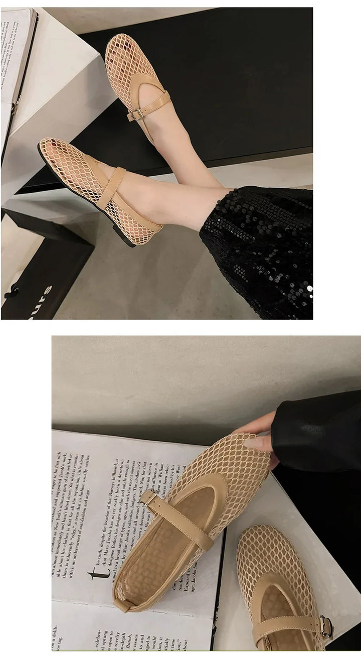 Breathable Women Mesh Ballet Flats - Strappy Round Toe
