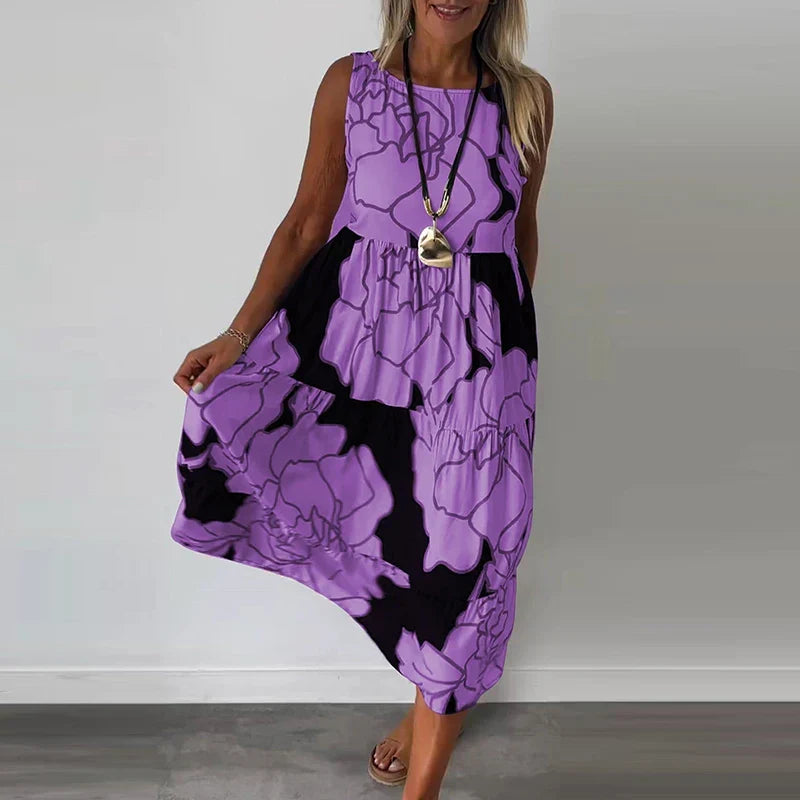 Floral Maxi Dress for Women, Sleeveless Long Dress in Breathable Fabric with Boatneck Neckline and Flattering Fit
