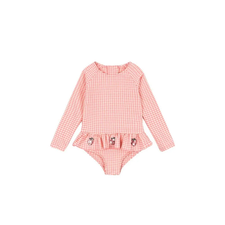 Lightweight Girls Swimsuit – long sleeve one-piece, plaid print, strawberry sequin accents, polyester, nylon, for summer