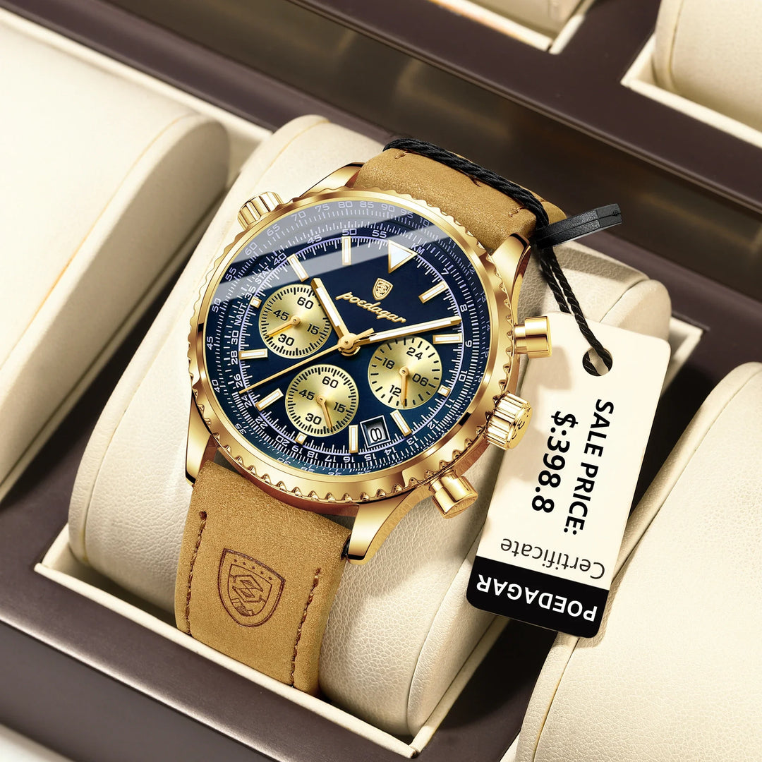 Quartz Chronograph Watch Waterproof Luminous Date Leather