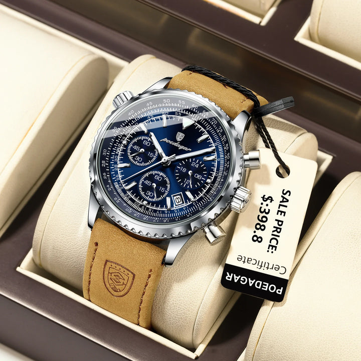 Quartz Chronograph Watch Waterproof Luminous Date Leather