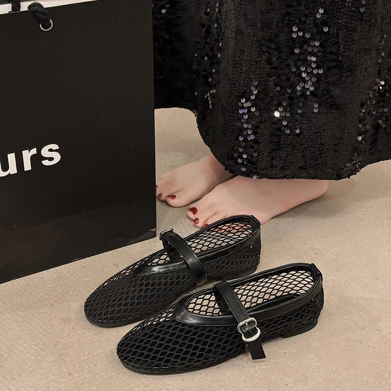 Breathable Women Mesh Ballet Flats - Strappy Round Toe