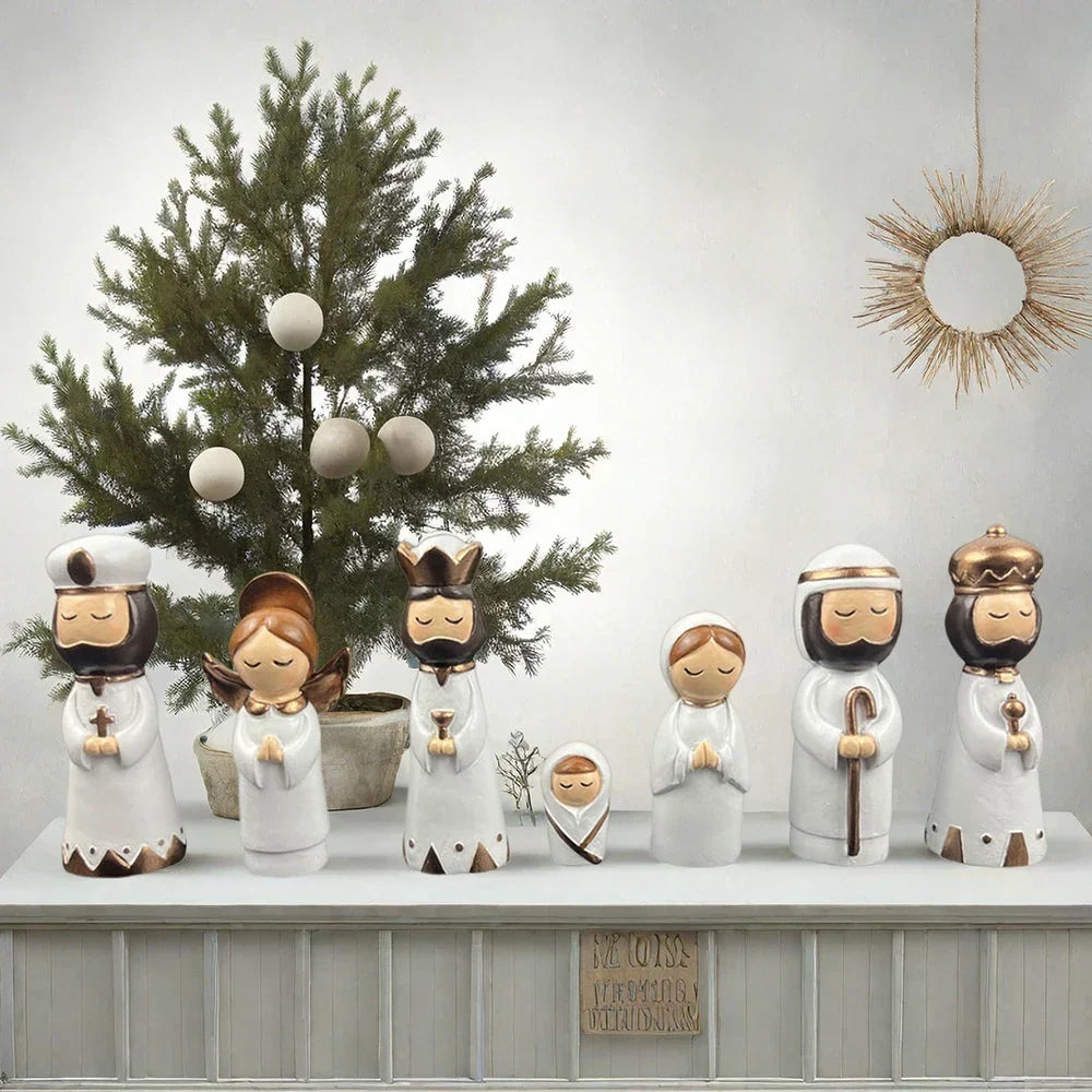 Nativity Set Resin 7 Piece White Gold Christmas Nativity Figurines For Tabletop Decor Holiday Gift Idea