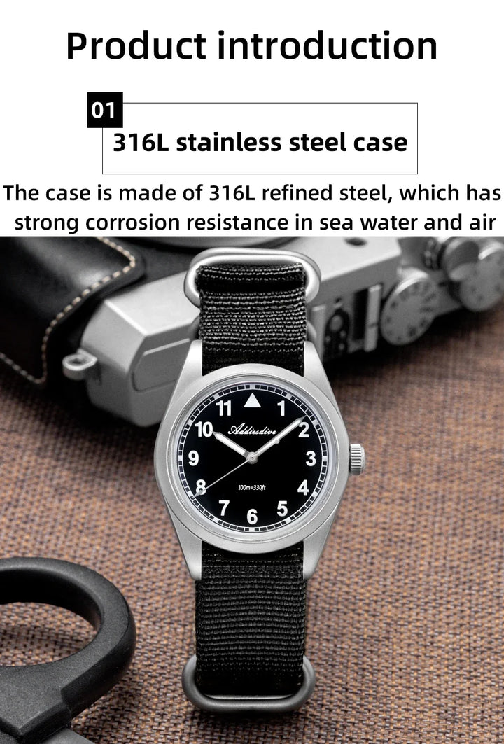 Waterproof Diver Quartz Watch Luminous Hands, Nylon Strap, 100m Water Resistance