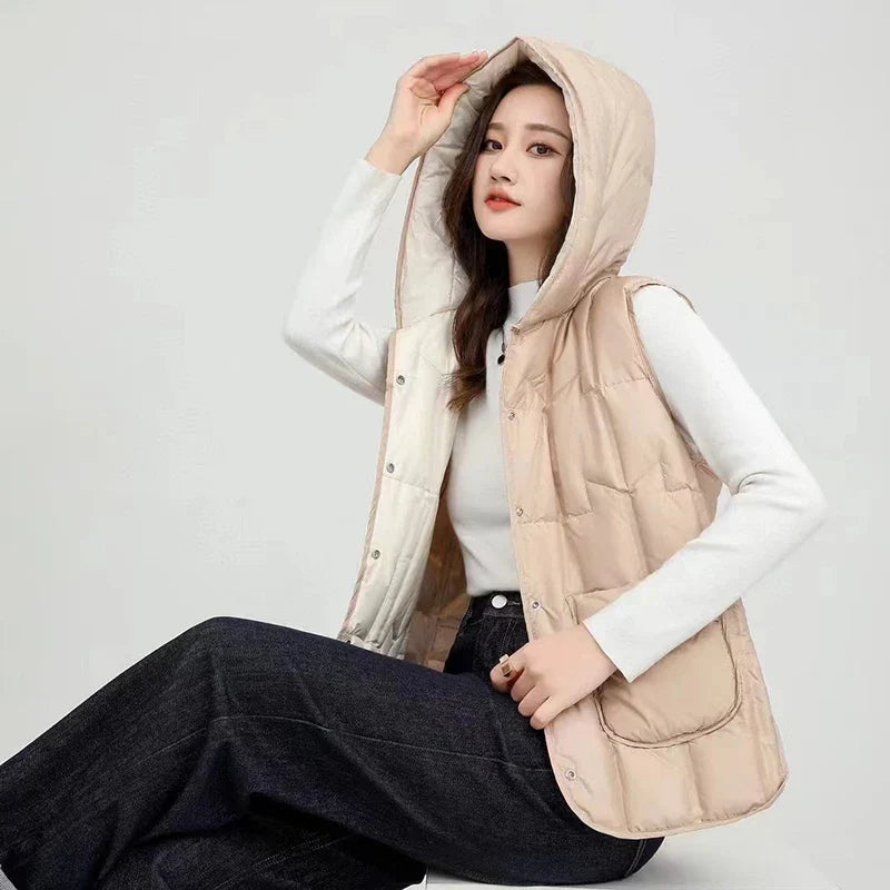 Lightweight Women Hooded Down Vest - Boxy, Down, Autumn