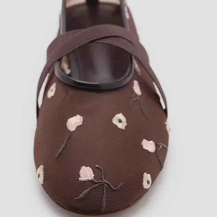 Lightweight Women Ballet Flats - Mary Jane, Embroidered Mesh