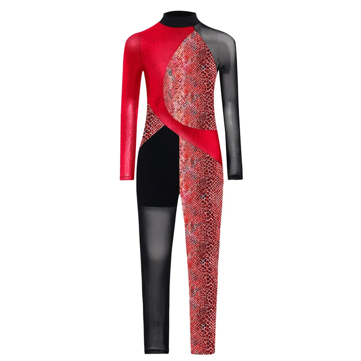 Stretchy Girls Unitard – Long Sleeve, Snakeskin, Polyester, Nylon, Elastane, For Ballet, Rhythmic Gymnastics