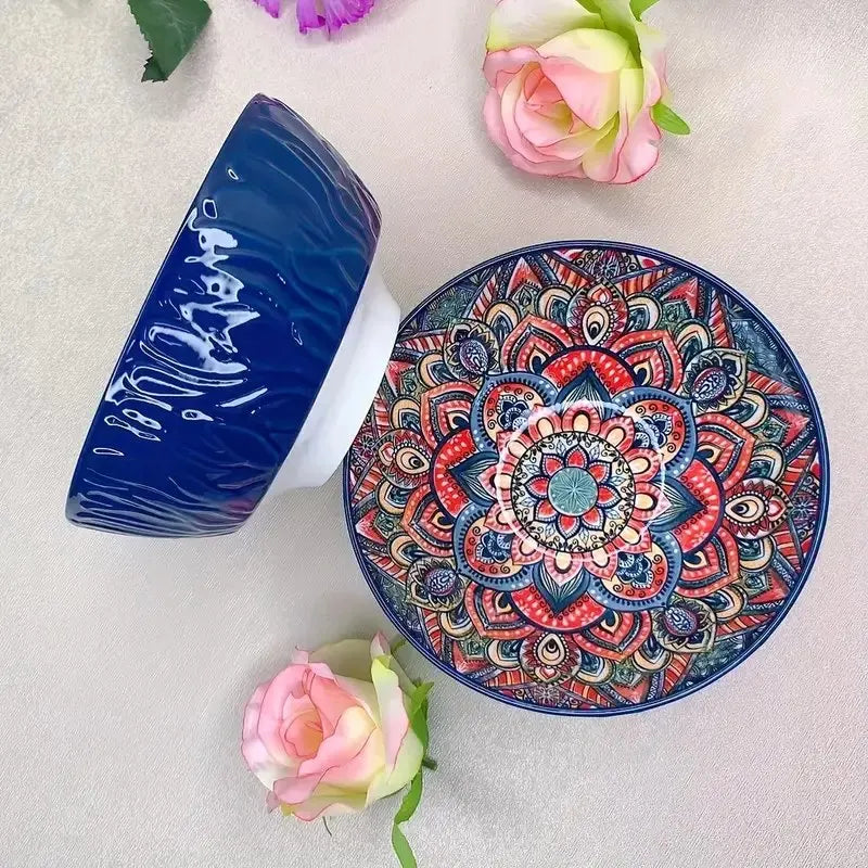 Bohemian Ceramic Bowls Set Floral Serving Bowls Versatile