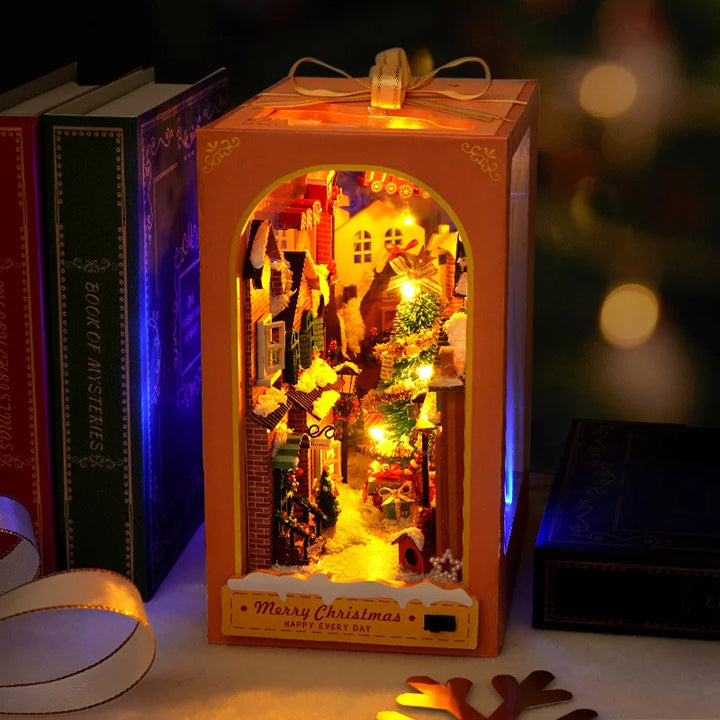 Book Nook Miniature DIY Hut Christmas Cabin Dollhouse Insert Creative Puzzle Gift