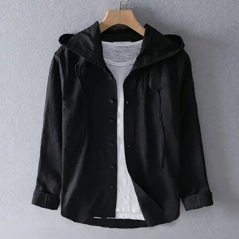 Spring Summer Solid Color Hooded Cotton Hemp Shirt Man Casual Cardigan